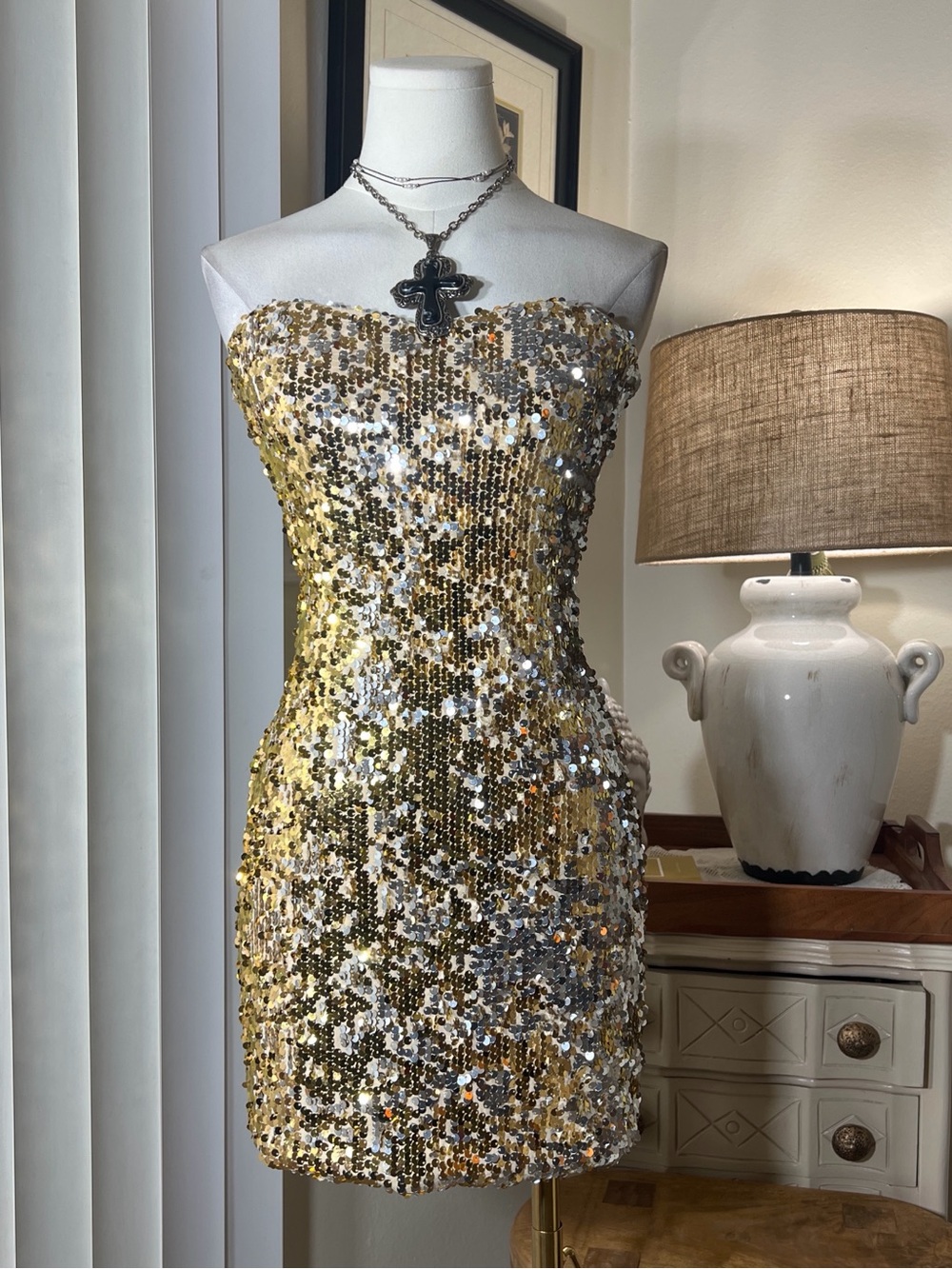 Y2K Arden B Gold and Silver Sequin Strapless Mini Dress